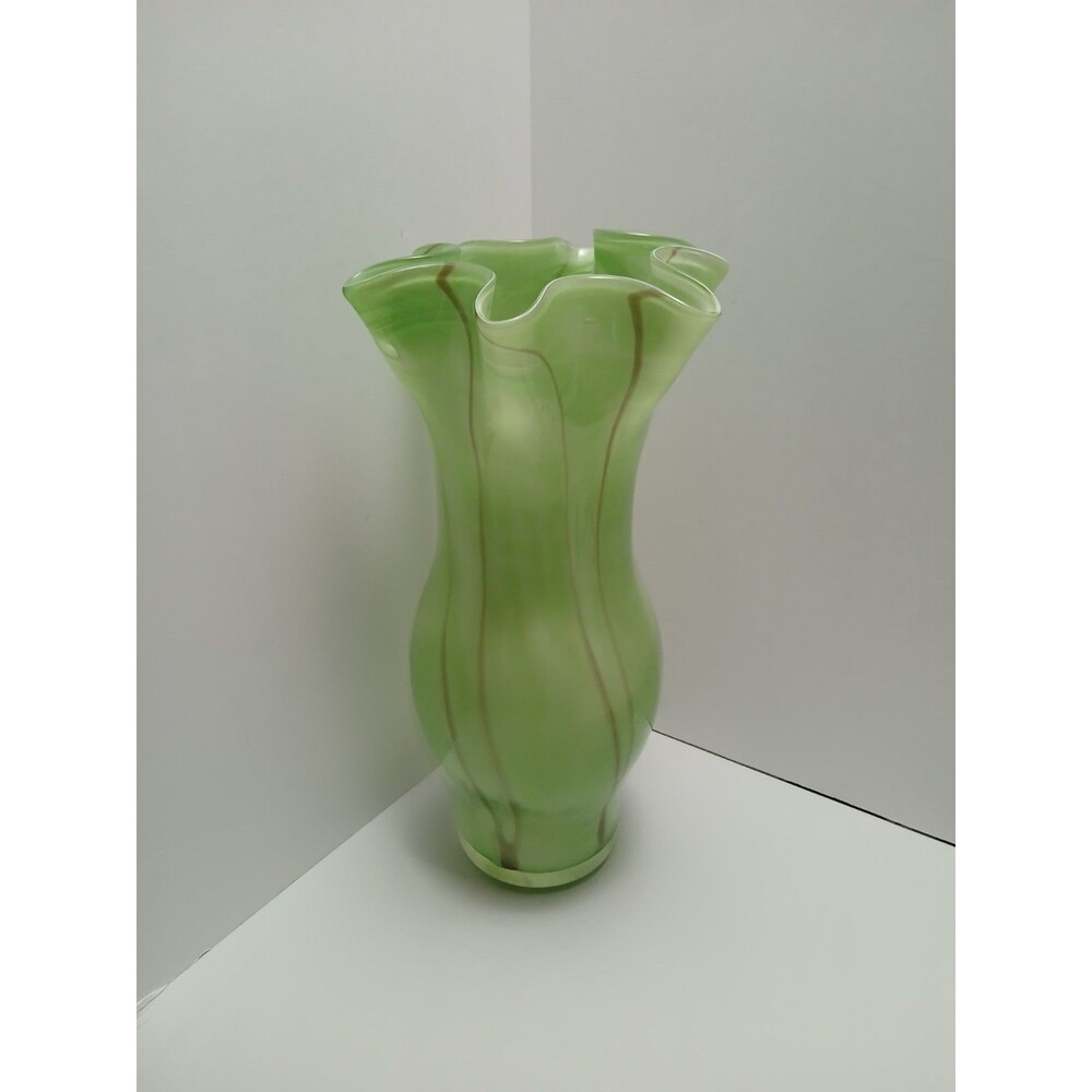 Hand Blown Lime Green Ruffled Art Glass Vase with Brown Trailing Lines MCM 12"‎